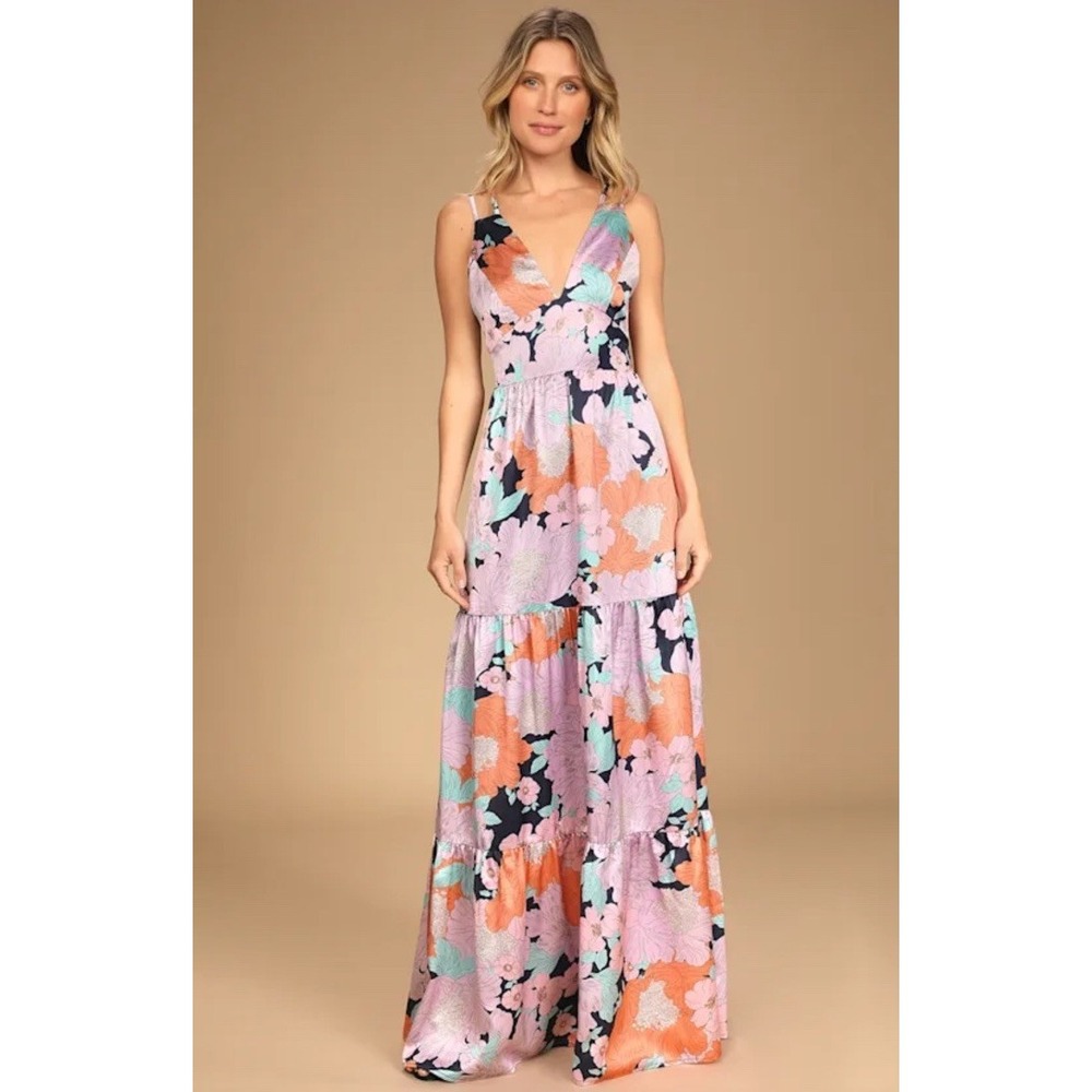 Lulus Dreamy Blooms Floral Satin Tiered Maxi Dress Small Whimsicle Wedding Guest